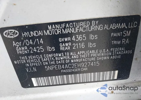 2014 Hyundai Sonata Gls from USA, damaged, VIN 5NPEB4AC2EH927415